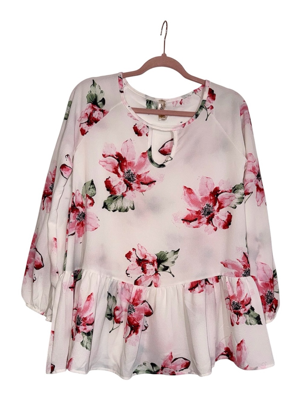 LARA Pink Floral Keyhole Peplum Ruffle Blouse - NEW WITH TAGS - SIZE SMALL